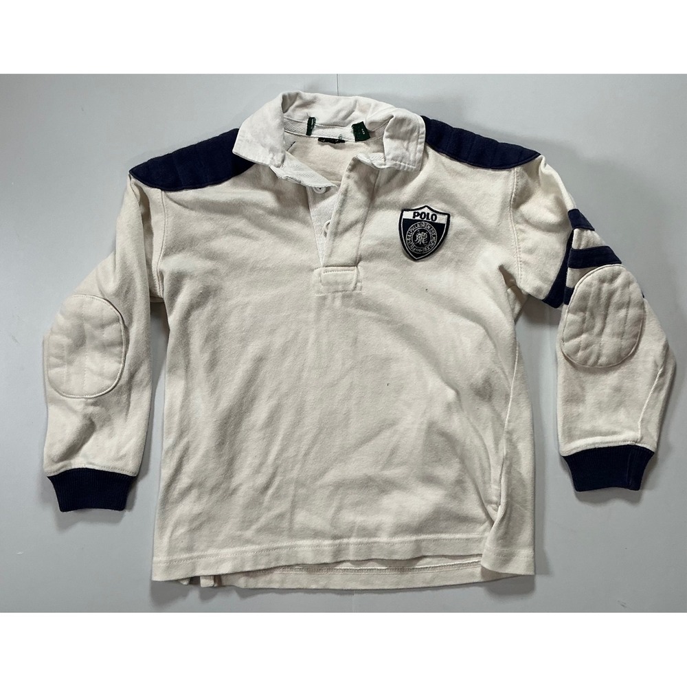 Y2K Polo Ralph Lauren Rugby Quilted Elbow Patch Preppy Shirt Boys 6 White Navy